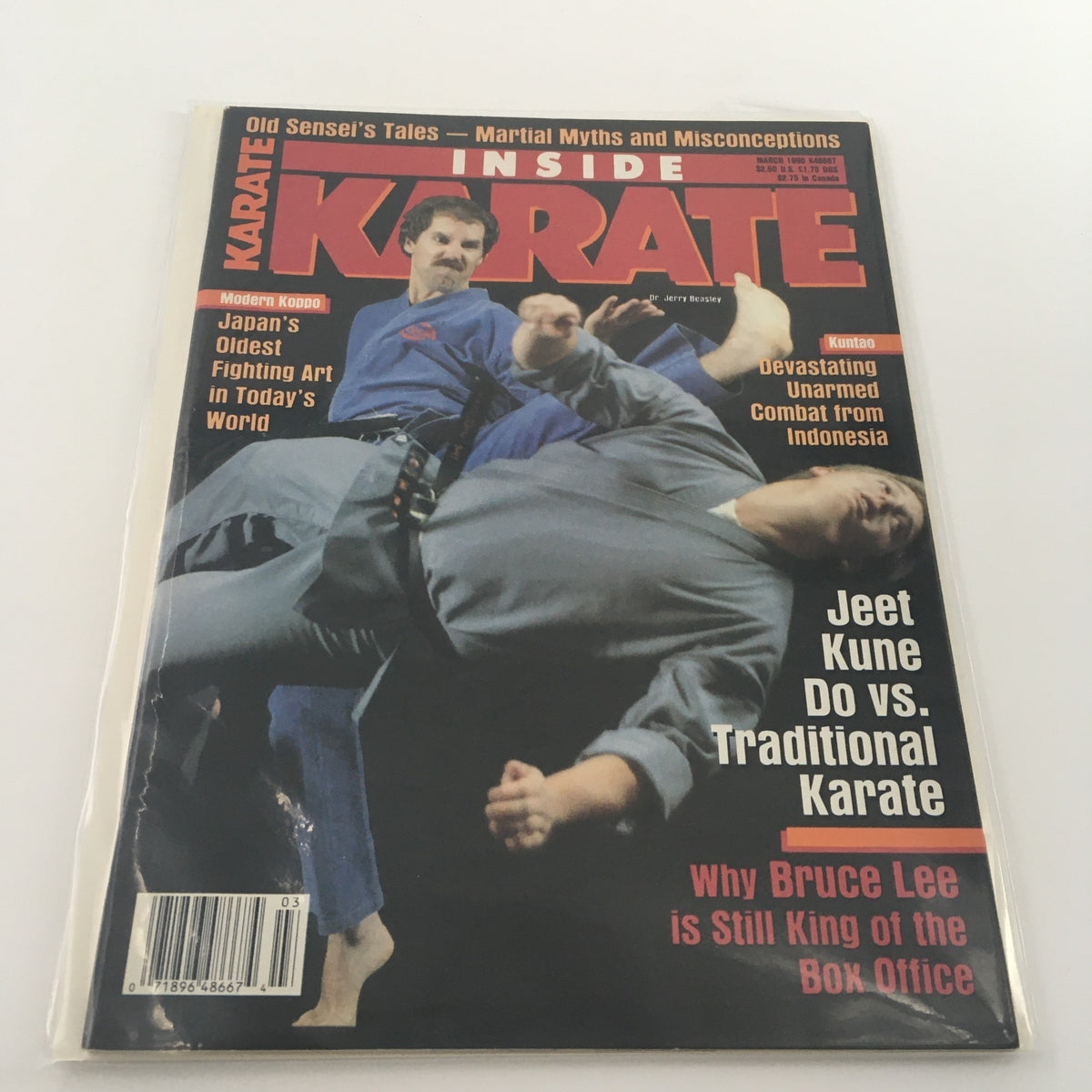Cover of Inside Karate Magazine March 1990 featuring Dr. Jerry Beasley discussing Kuntao and showcasing unarmed combat techniques from Indonesia.