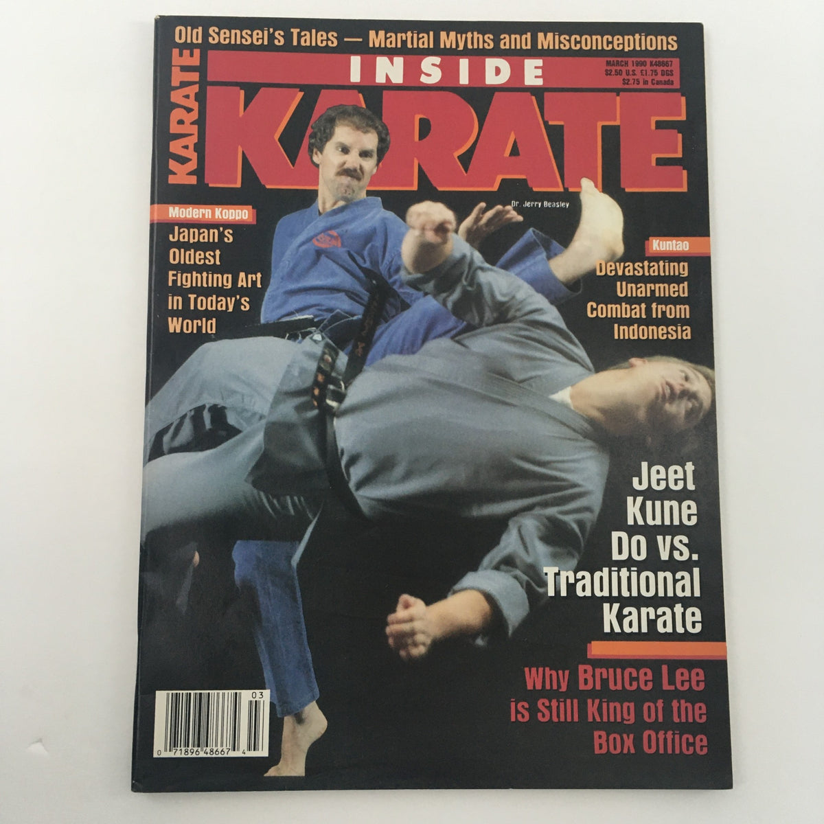 Front cover of Inside Karate Magazine March 1990 highlighting Jeet Kune Do vs. Traditional Karate, with Dr. Jerry Beasley contributing a Kuntao feature.