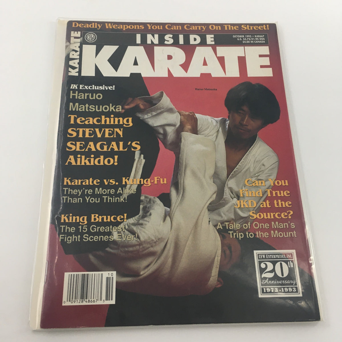 Inside Karate Magazine October 1993 featuring Haruo Matsuka teaching Steven Seagal's Aikido. The cover prominently displays the magazine title and offers insights into martial arts training, with a focus on techniques and philosophies from the era.