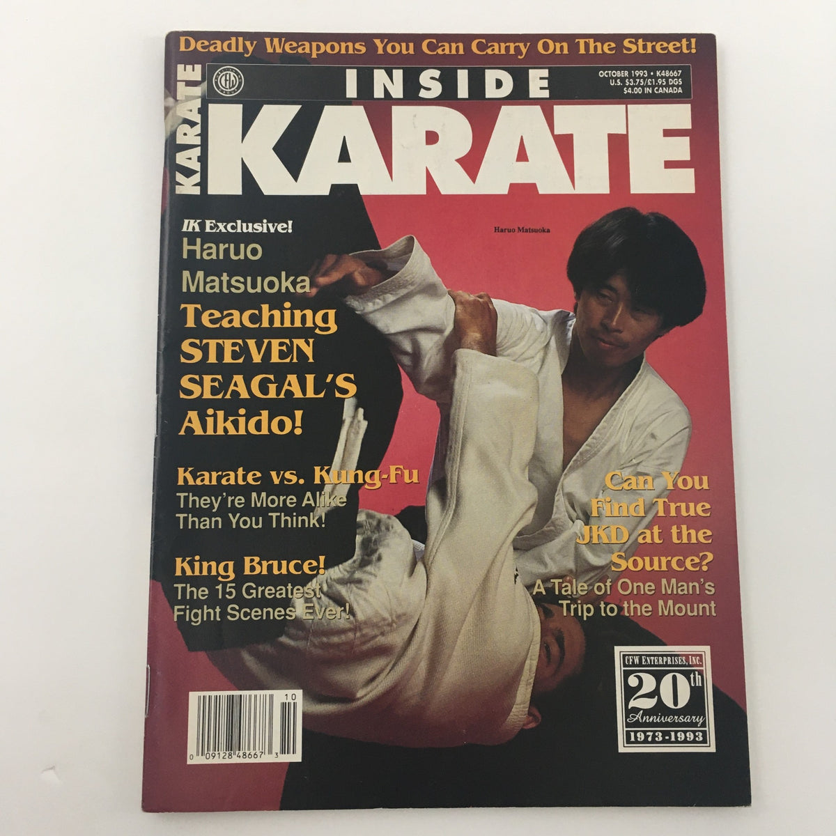 Inside Karate Magazine October 1993 showcasing Haruo Matsuka and Steven Seagal's Aikido training methods. The cover highlights articles on karate versus kung-fu, and celebrates the martial arts culture of the 90s.