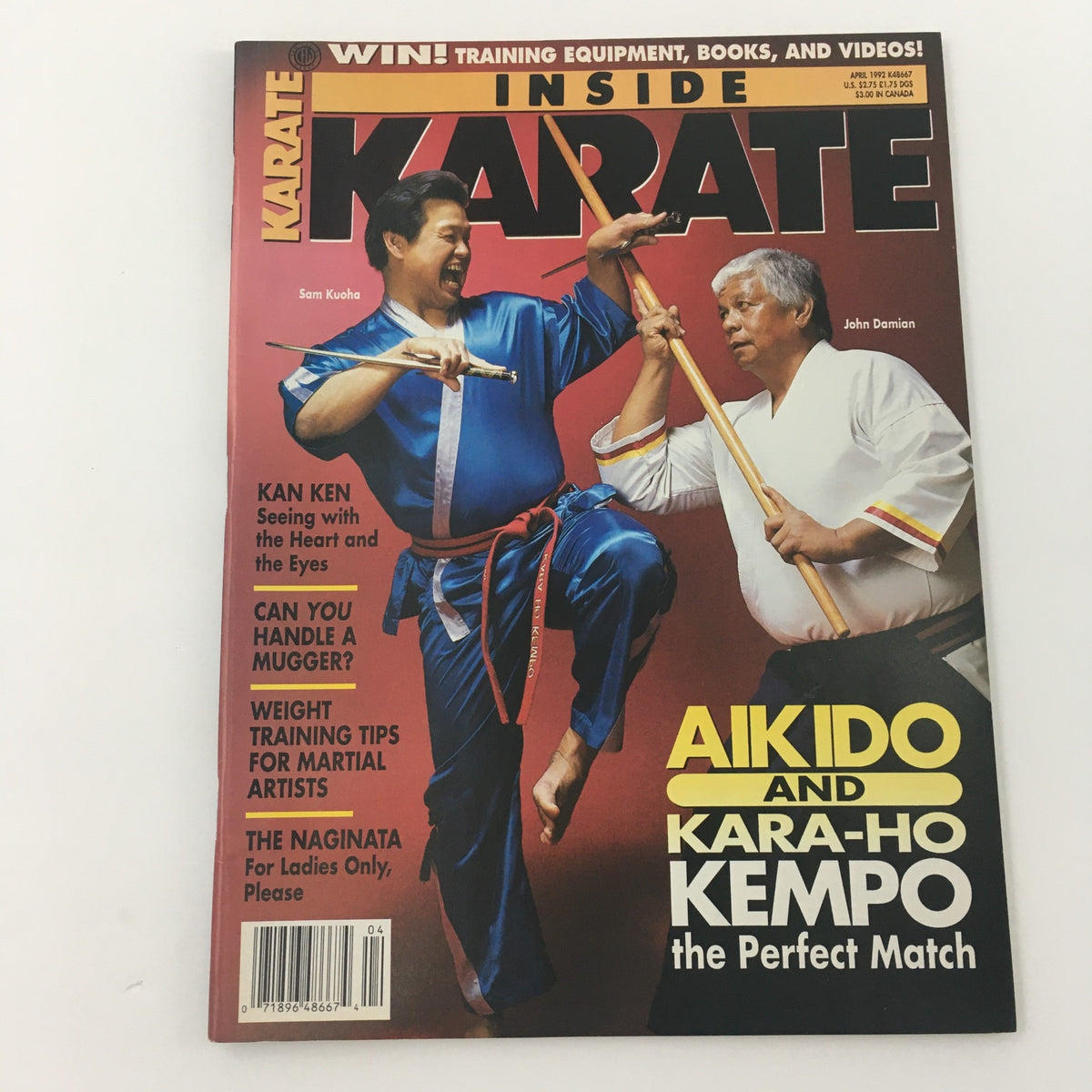Inside Karate Magazine April 1992 cover showcasing martial artists Sam Kuoha and John Damian, with a focus on Aikido and Kara-Ho Kempo, along with featured articles on martial arts training.