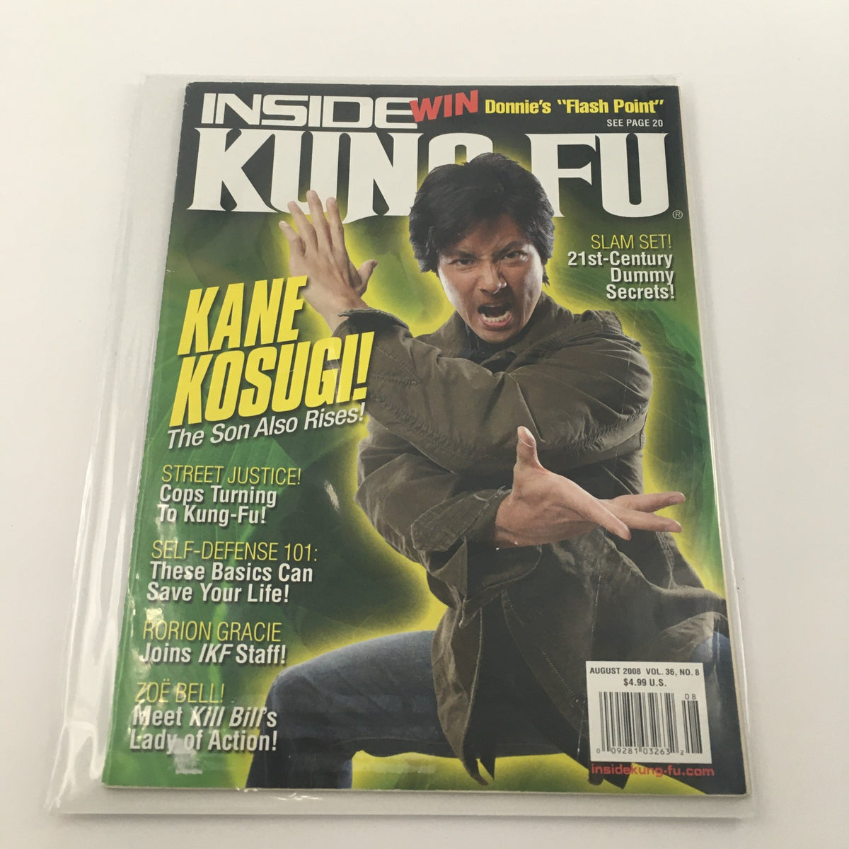 Cover of Inside Kung-Fu Magazine August 2008 featuring Kane Kosugi, showcasing martial arts techniques and insights.