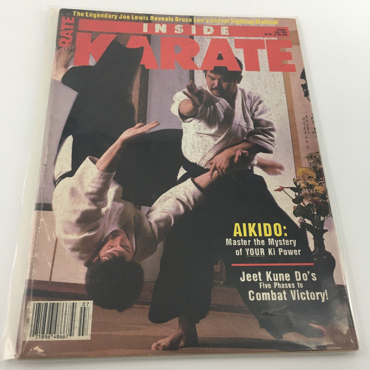 Inside Karate Magazine July 1985 cover featuring Jeet Kune Do's 5 Phases to Victory with Aikido demonstration and martial artists in a dojo setting.