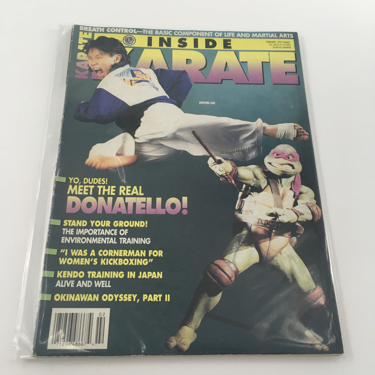 Inside Karate Magazine February 1993 featuring Steven Ho as 'The Real Donatello', showcasing martial arts techniques and cultural insights. Vintage collectible magazine from the 90s with a colorful cover illustration.
