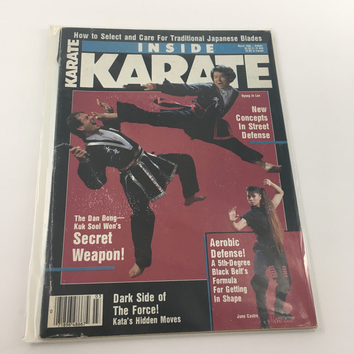 Cover of Inside Karate Magazine March 1988 featuring martial artists Byung In Lee and June Castro, showcasing techniques and articles on karate.
