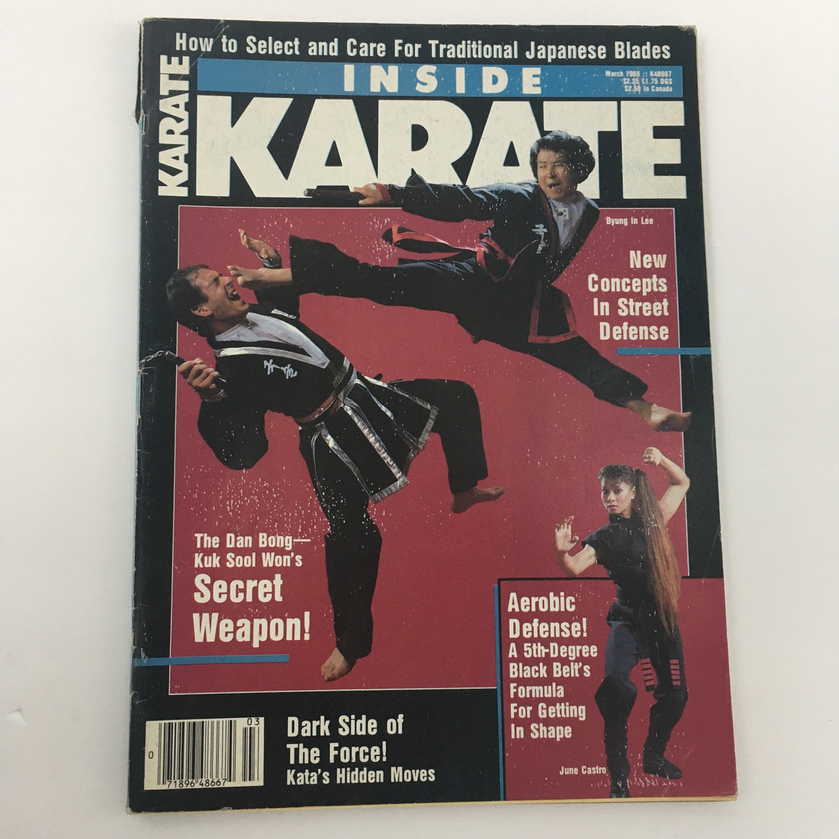 Front cover of Inside Karate Magazine March 1988 highlighting martial arts techniques by Byung In Lee and June Castro, emphasizing street defense concepts.