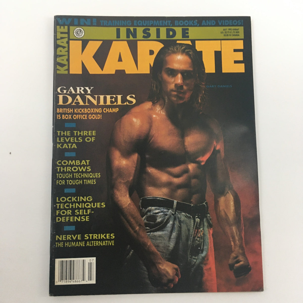 Inside Karate Magazine July 1992 cover with Gary Daniels, highlighting British Kickboxing Champion, and featuring articles on kata, combat throws, and self-defense strategies.