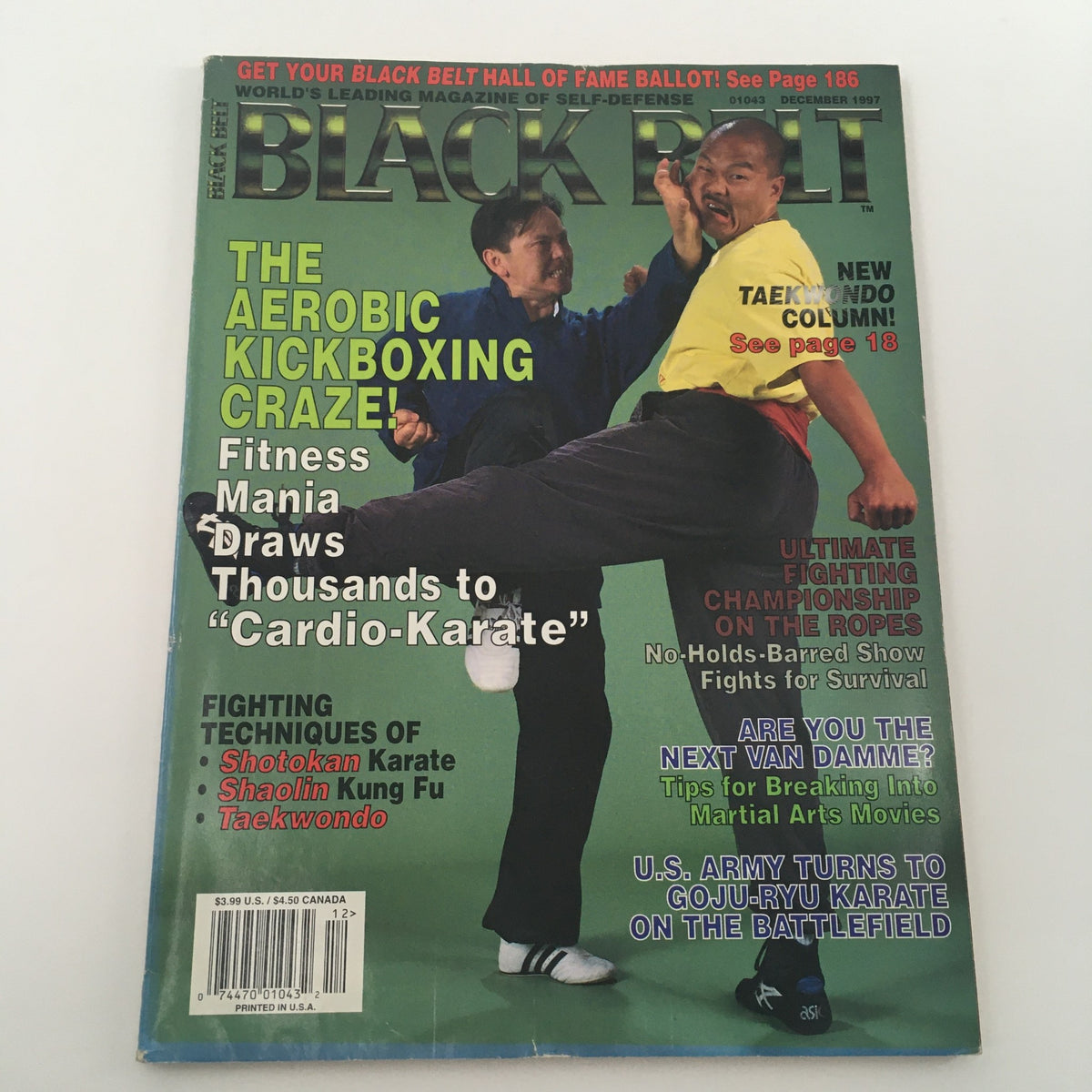 Black Belt Magazine December 1997 cover showcasing 'The Aerobic Kickboxing Craze!' and highlighting various fighting techniques including Shotokan Karate, Shaolin Kung Fu, and Taekwondo.