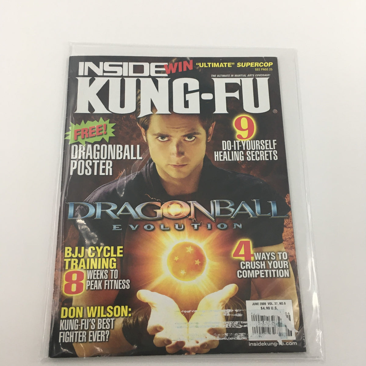Front cover of Inside Kung-Fu Magazine June 2009 featuring the title Dragonball Evolution, with Justin Chatwin on the cover, showcasing martial arts and movie themes.