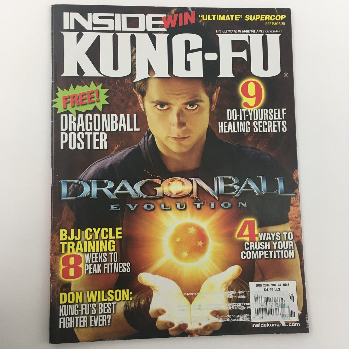 Front cover of Inside Kung-Fu Magazine June 2009 highlighting Dragonball Evolution, featuring Justin Chatwin and articles on fitness and martial arts.
