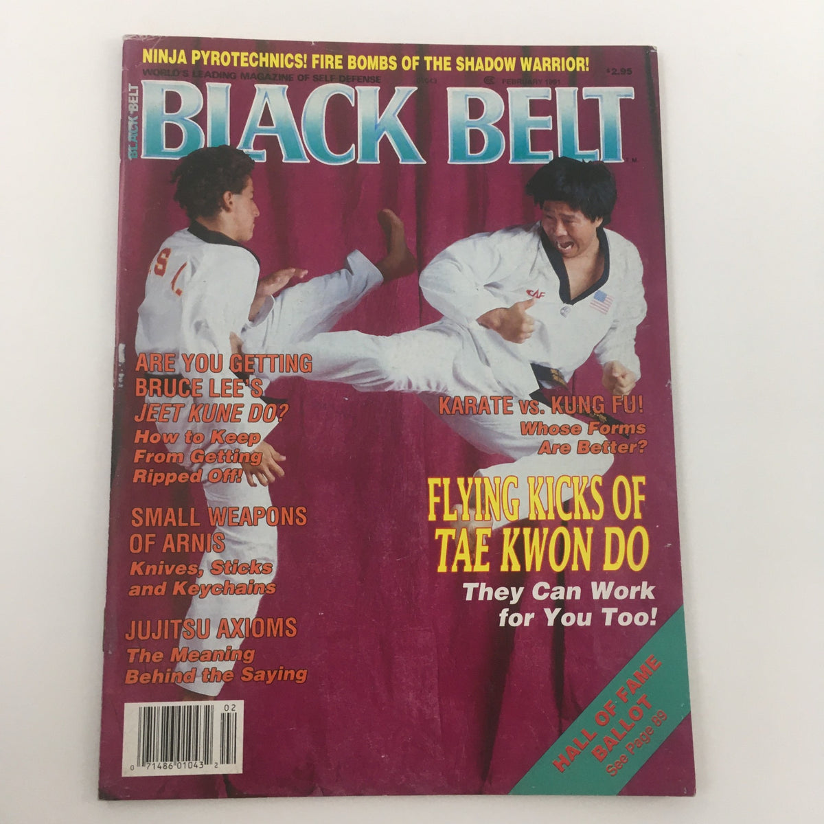 Black Belt Magazine February 1991 cover featuring the title 'Flying Kicks of Tae Kwon Do' with images of martial artists demonstrating kicks, articles on Karate vs. Kung Fu, and various martial arts techniques.