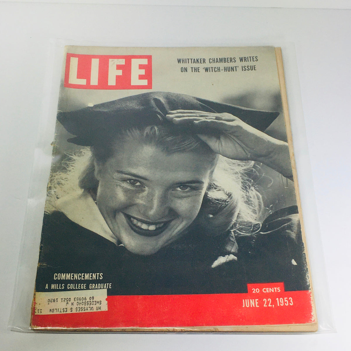 Cover of VTG Life Magazine from June 22, 1953, featuring a smiling female graduate in a cap and gown. Topics include commencements, Dorothy McGuire, and the Andrea Doria tragedy.