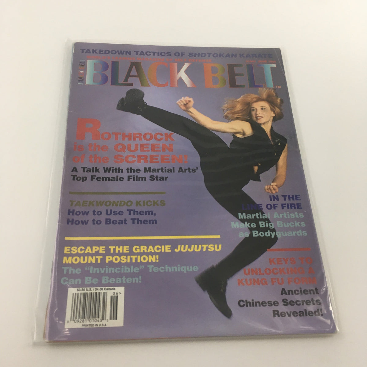 Black Belt Magazine June 1995 featuring Cynthia Rothrock, the top female film star, on the cover showcasing martial arts action with a dynamic pose.