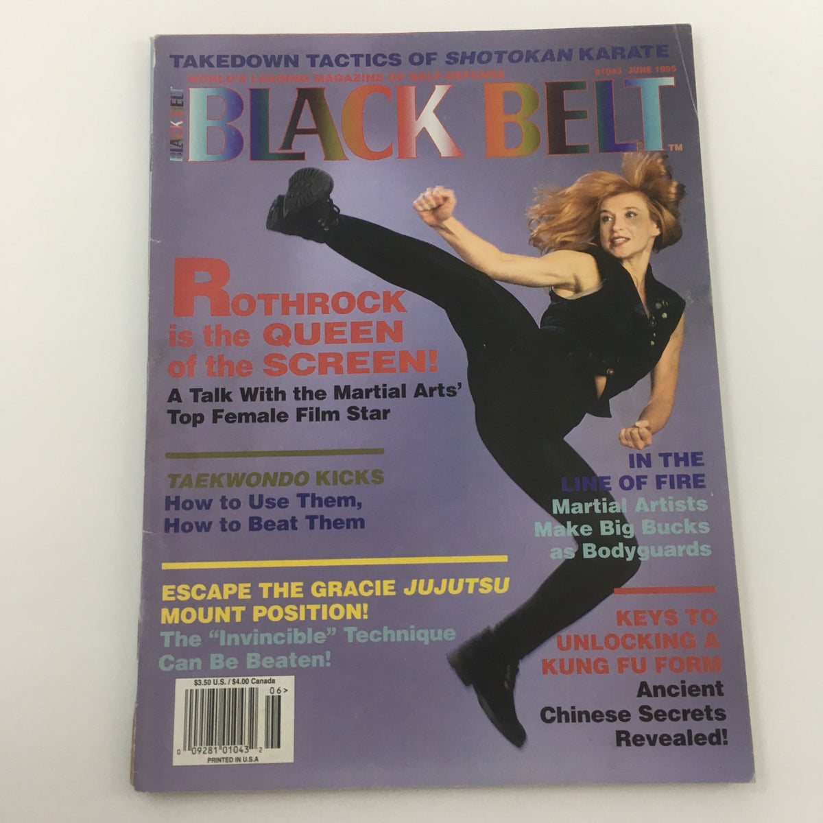 Black Belt Magazine June 1995 cover featuring Cynthia Rothrock, the martial arts film star, showcasing her kicking pose and emphasizing her title as the Queen of the Screen.