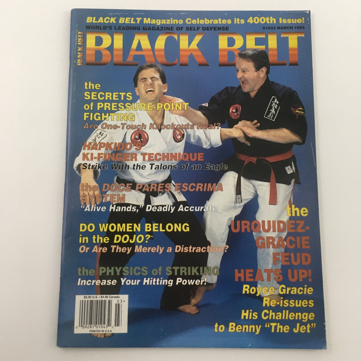 Cover of Black Belt Magazine, March 1995 issue, featuring Royce Gracie challenging Benny "The Jet" Urquidez. The magazine highlights various martial arts topics including pressure-point fighting and hapkido techniques.