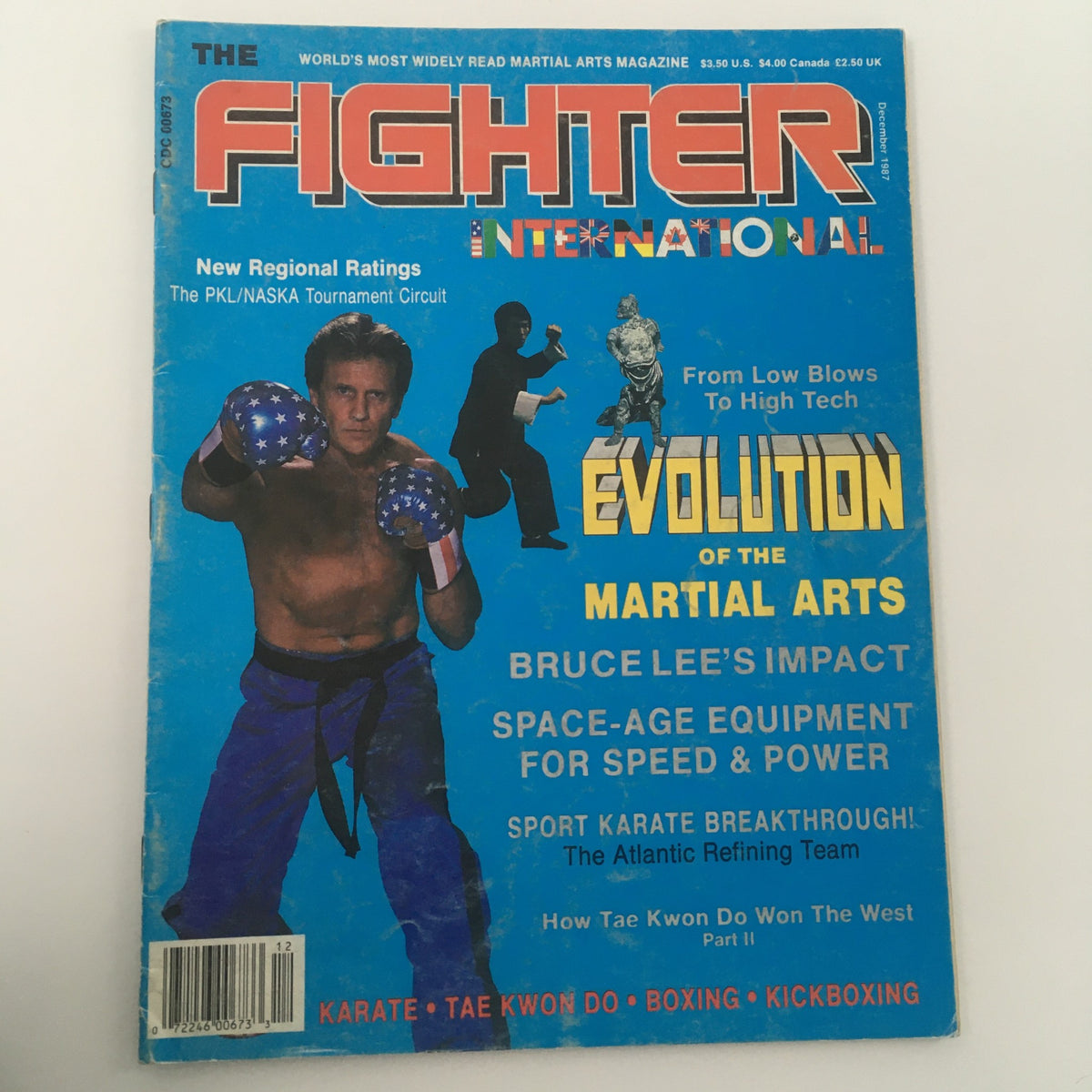Front cover of the VTG Fighter Int'l Magazine December 1987 highlighting 'Evolution of Martial Arts'. Displays a male fighter in boxing gear, emphasizing martial arts progression and Bruce Lee's impact.