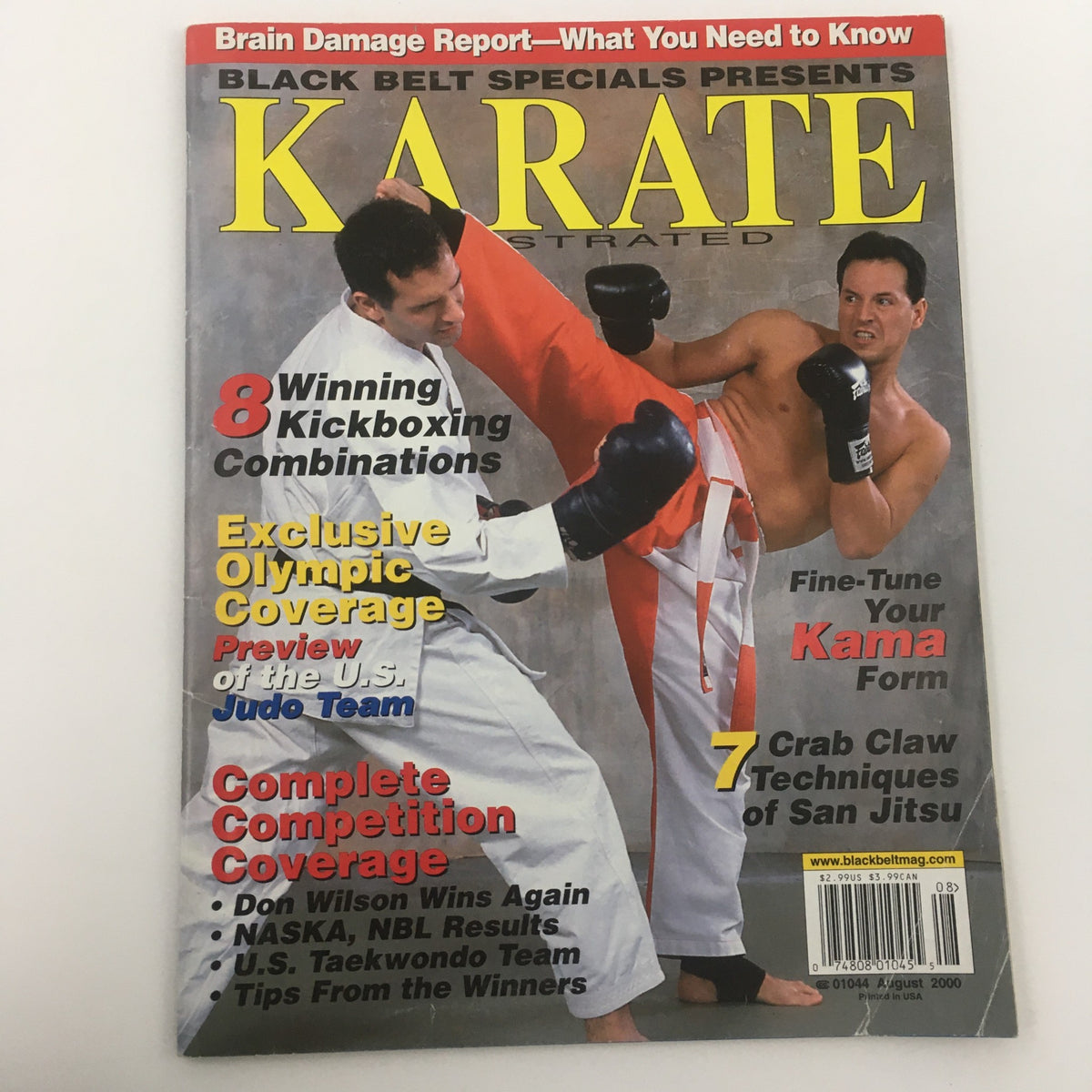 Front view of Karate Illustrated Magazine August 2000 highlighting Don Wilson's wins, complete coverage on competitions, and features on kickboxing and martial arts training.