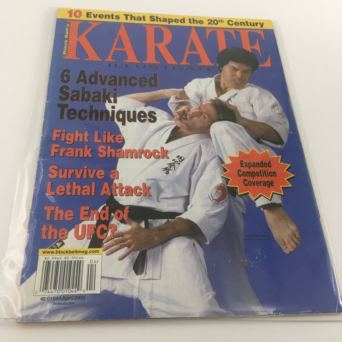 Cover of Karate Illustrated Magazine from April 2000 featuring title "Fight Like Frank Shamrock" along with articles on advanced Sabaki techniques and competition coverage, presented in protective plastic.