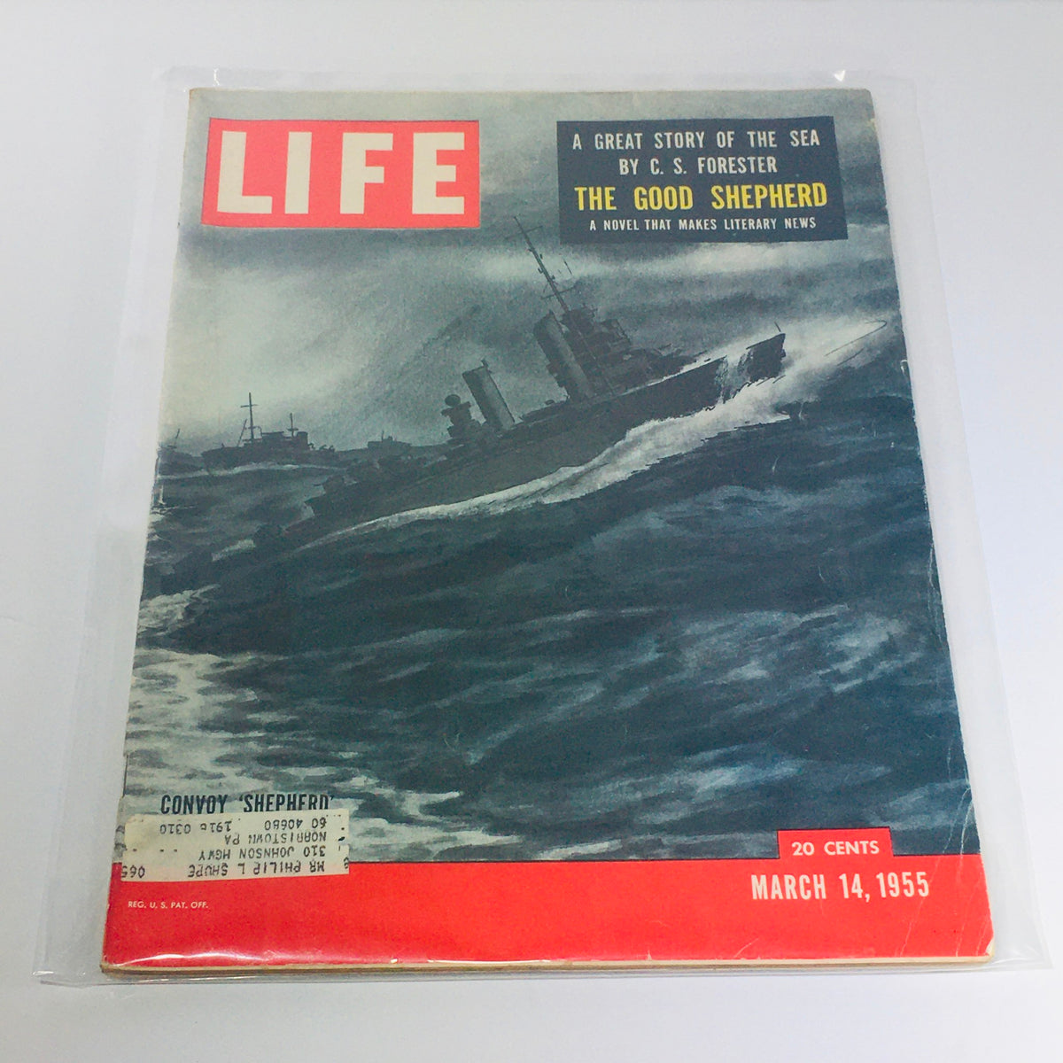 Cover of VTG Life Magazine dated March 14, 1955, featuring the title 'Convoy Shepherd' by C.S. Forester, showcasing a dramatic maritime scene with ships navigating rough seas. This collectible vintage magazine represents historical themes of the 1950s.