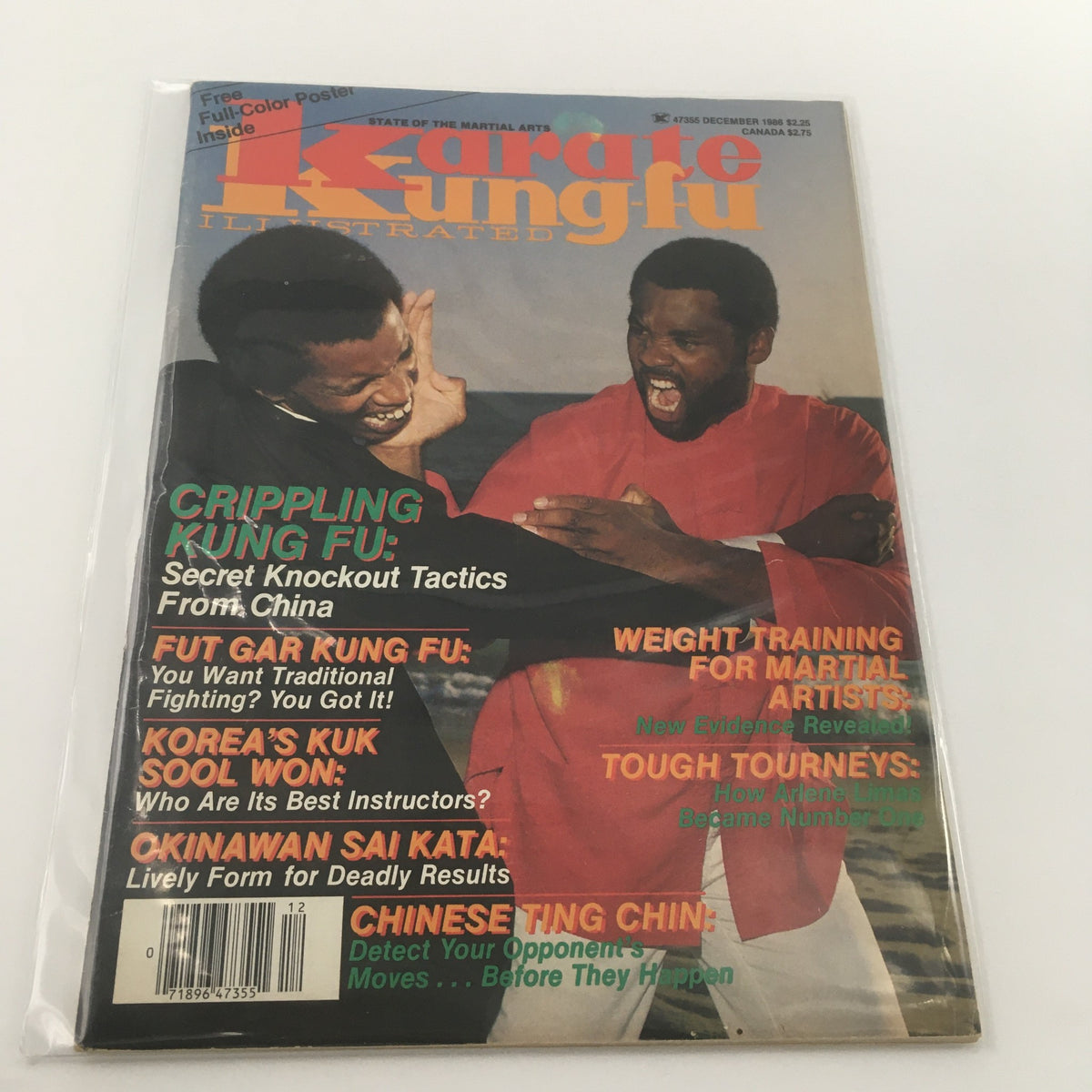 Cover of the vintage magazine 'Karate Kung Fu Illustrated' from December 1986, featuring two martial artists engaged in a dynamic training scene. The issue highlights Arlene Limas as Number One, includes articles on various Kung Fu techniques, and promises insights on weight training for martial artists.