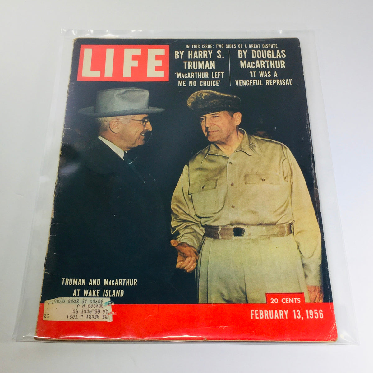 VTG Life Magazine Cover featuring Harry S. Truman and Douglas MacArthur, dated February 13, 1956. This vintage magazine illustrates a historic moment with Truman and MacArthur engaged in conversation at Wake Island, making it a valuable collectible for history enthusiasts.