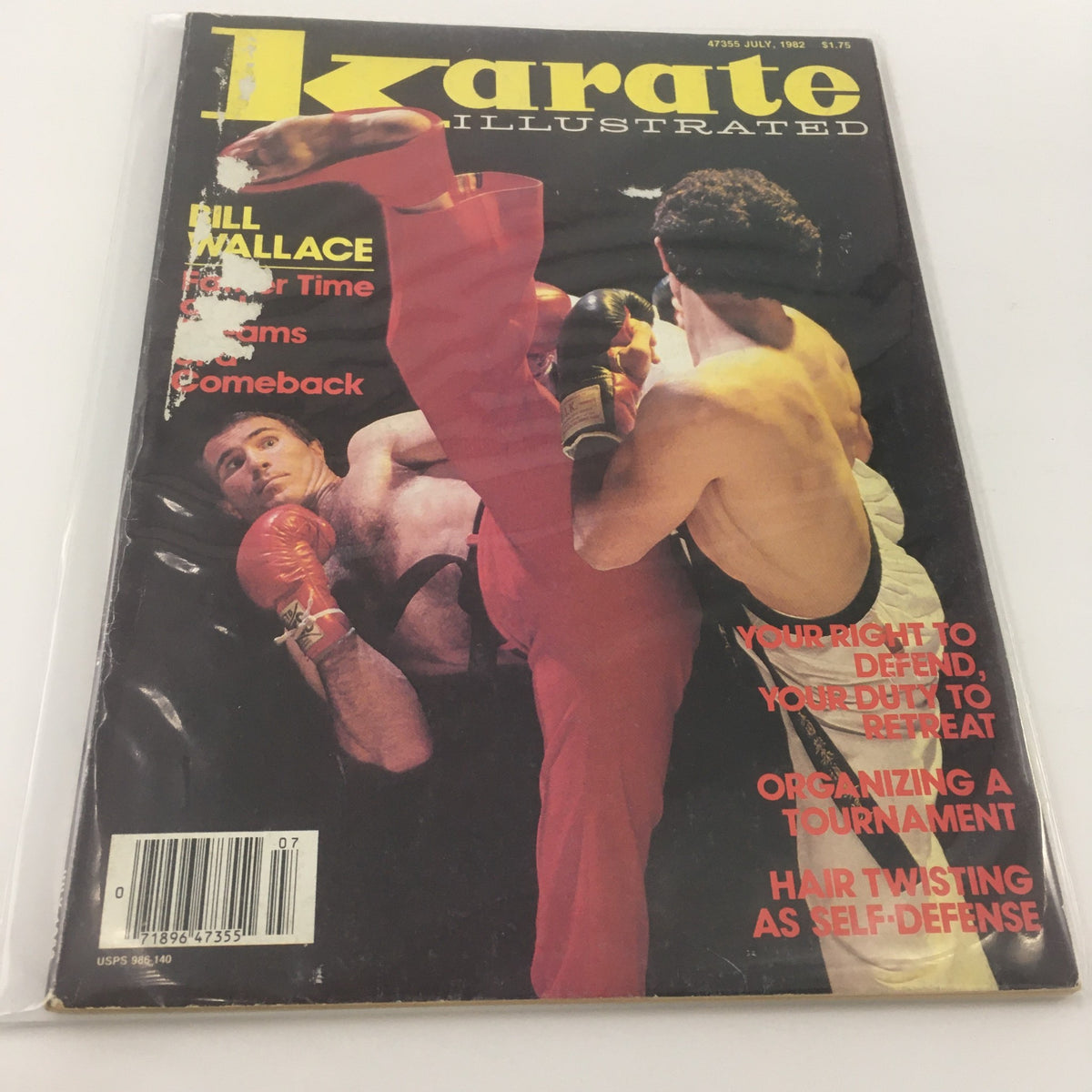 VTG Karate Illustrated July 1982 magazine cover featuring Bill Wallace in the 'Father Time' article, showcasing dynamic martial arts action with colorful graphics.