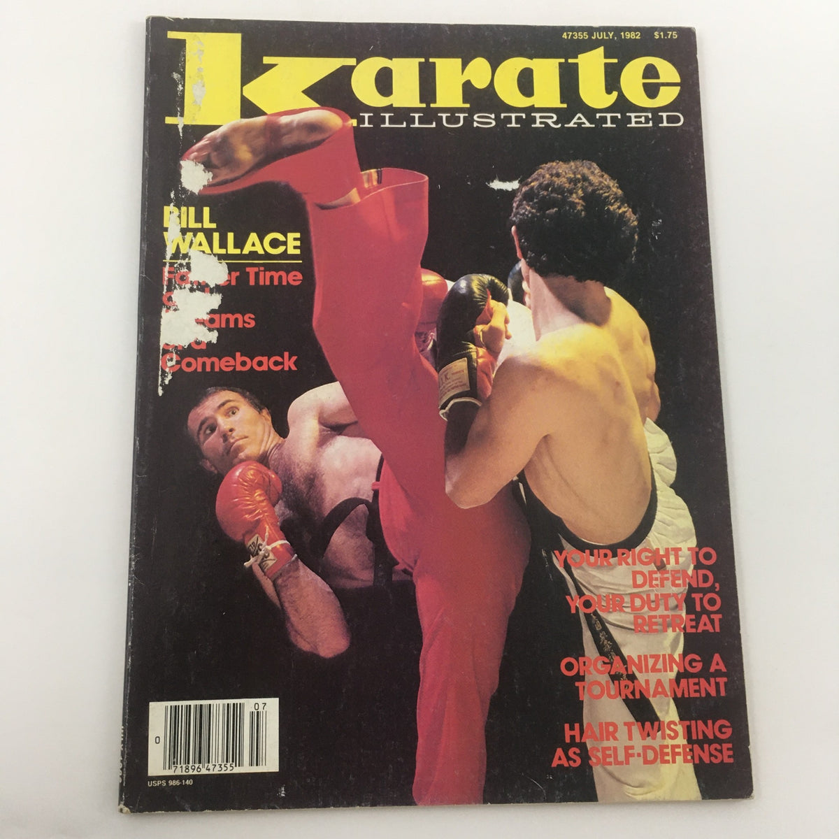 VTG Karate Illustrated July 1982 magazine showcasing Bill Wallace on the cover, depicting an action shot in karate with vivid text and a vintage aesthetic.