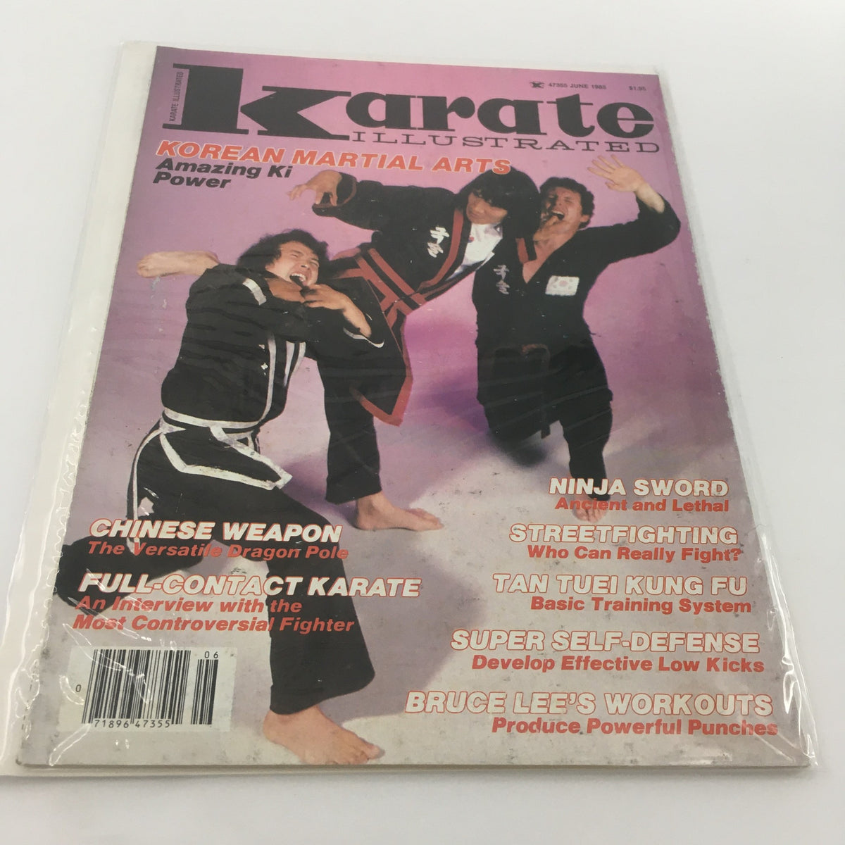 Vintage Karate Illustrated magazine from June 1985 featuring Bruce Lee's Workout and highlighting martial arts techniques, including amazing ki power and self-defense.