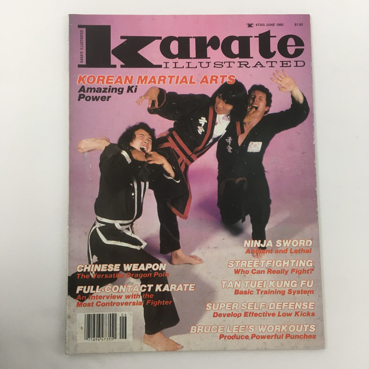 Cover of Karate Illustrated, June 1985 issue featuring Bruce Lee's Workout and articles on Korean Martial Arts, Full-Contact Karate, and Ninja Sword techniques.
