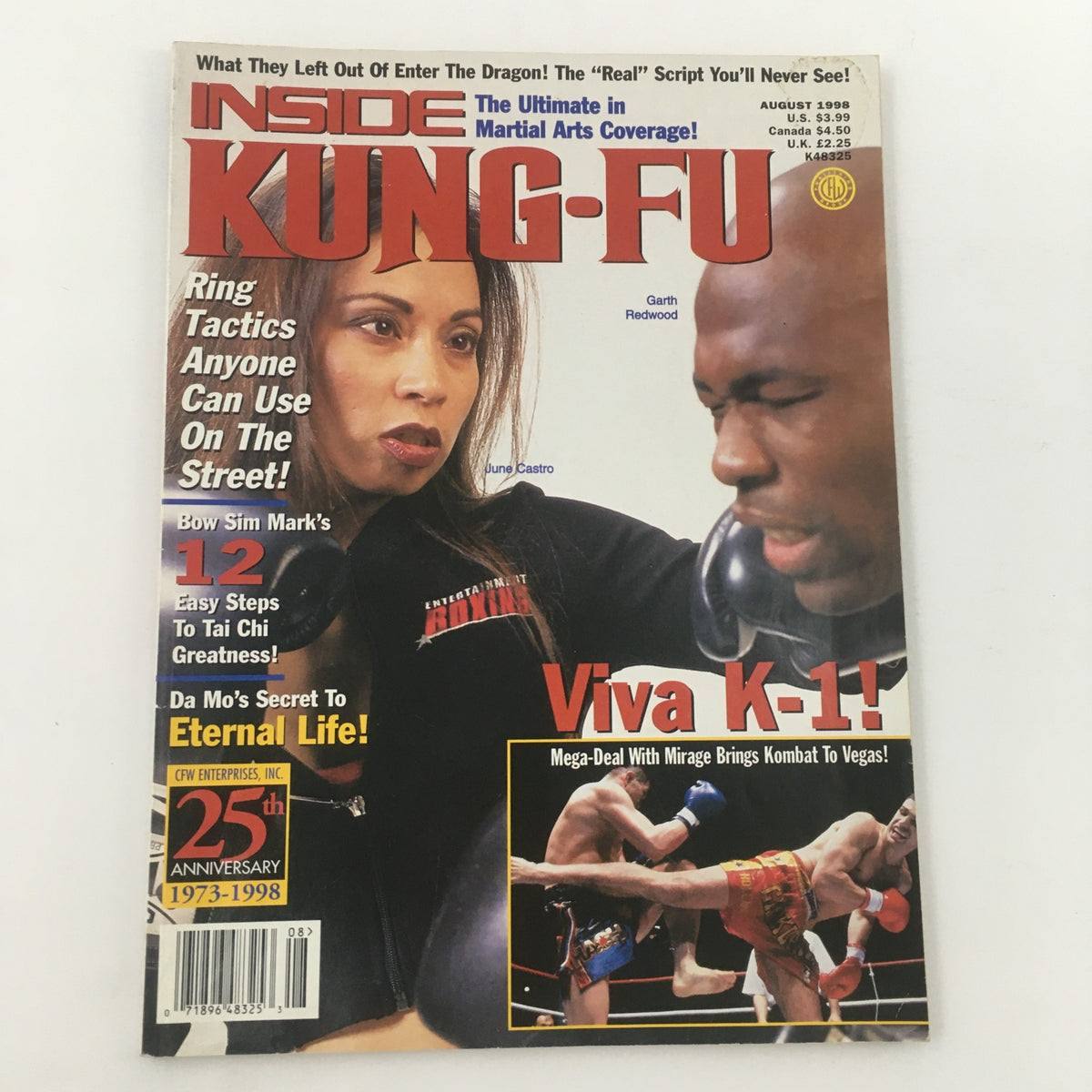 Inside Kung Fu Magazine August 1998 cover showcasing June Castro and Garth Redwood, with articles on martial arts tactics and highlights from the K-1 event.