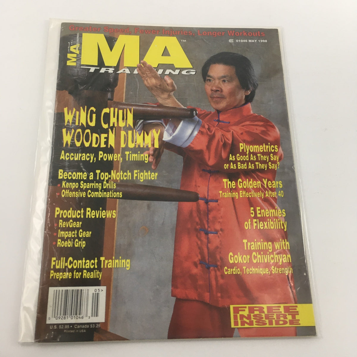 Cover of MA Training Magazine from May 1998 featuring an article on Wing Chun Wooden Dummy, focusing on accuracy, power, and timing. The cover highlights various martial arts training topics.