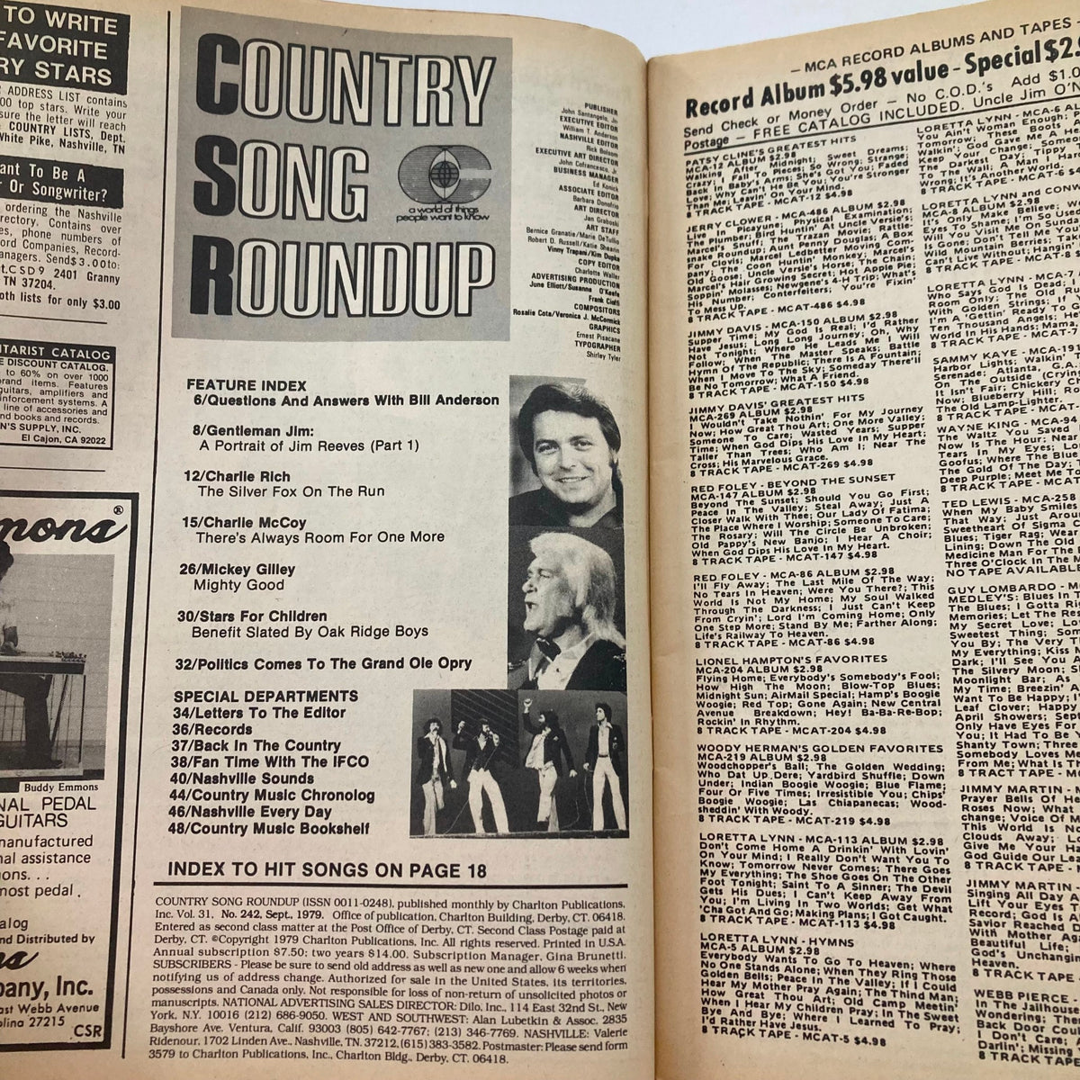 Inside page of the Country Song Roundup Magazine from September 1979, showcasing the feature index and details about the artists including Mickey Gilley, a highlight of the issue.