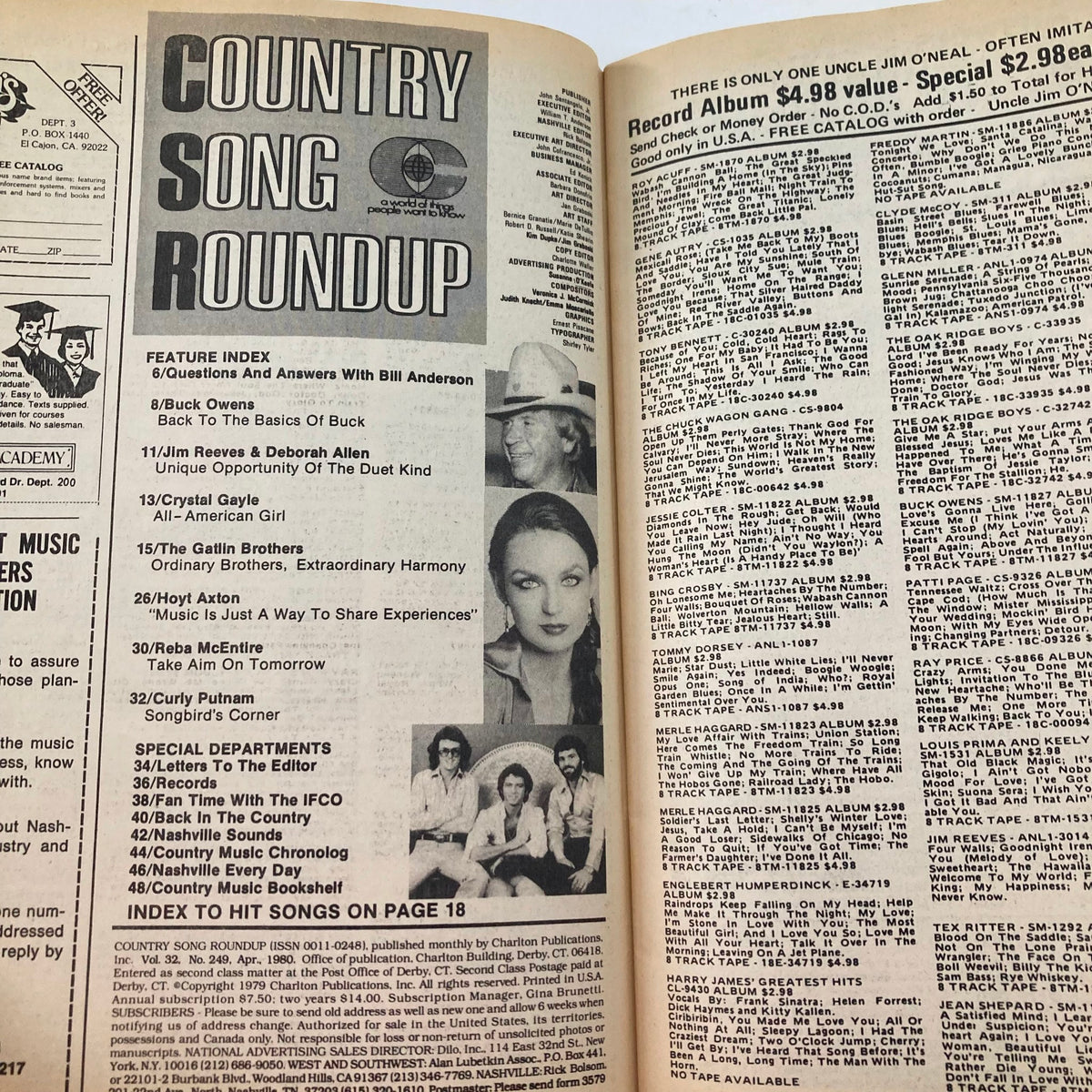 Inside pages of VTG Country Song Roundup Magazine April 1980 with feature index, including highlights on Crystal Gayle and other country artists from the era.