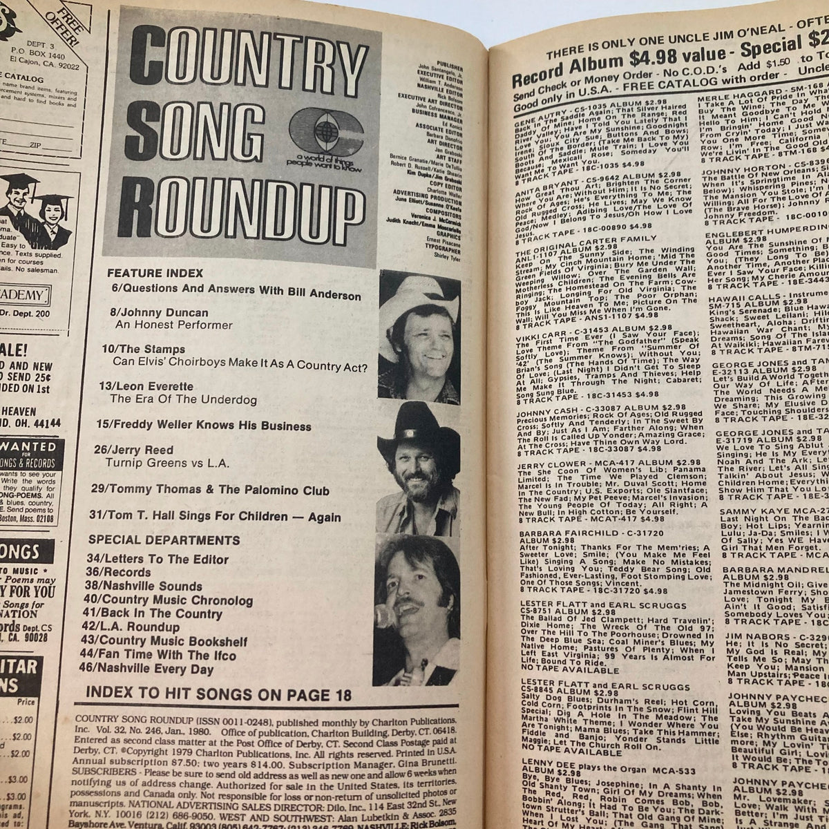 Feature index page of the VTG Country Song Roundup Magazine, January 1980, showcasing articles and discussions including Jerry Reed and Southern music culture.