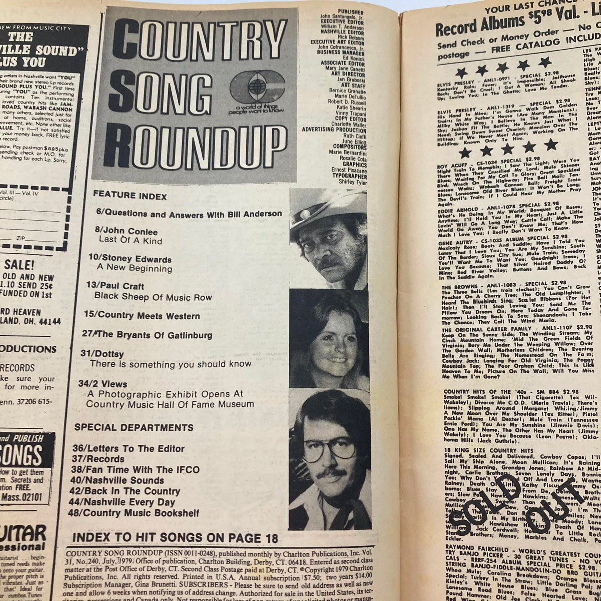 Inside page of the VTG Country Song Roundup Magazine from July 1979, displaying the feature index with notable entries like John Conlee and Stoney Edwards. This page highlights significant contributors to the country music genre.