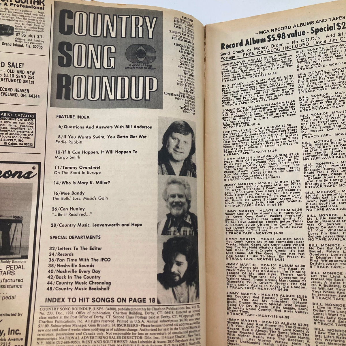 Inside page of Country Song Roundup Magazine December 1978 showing the feature index including Moe Bandy and Tommy Overstreet.