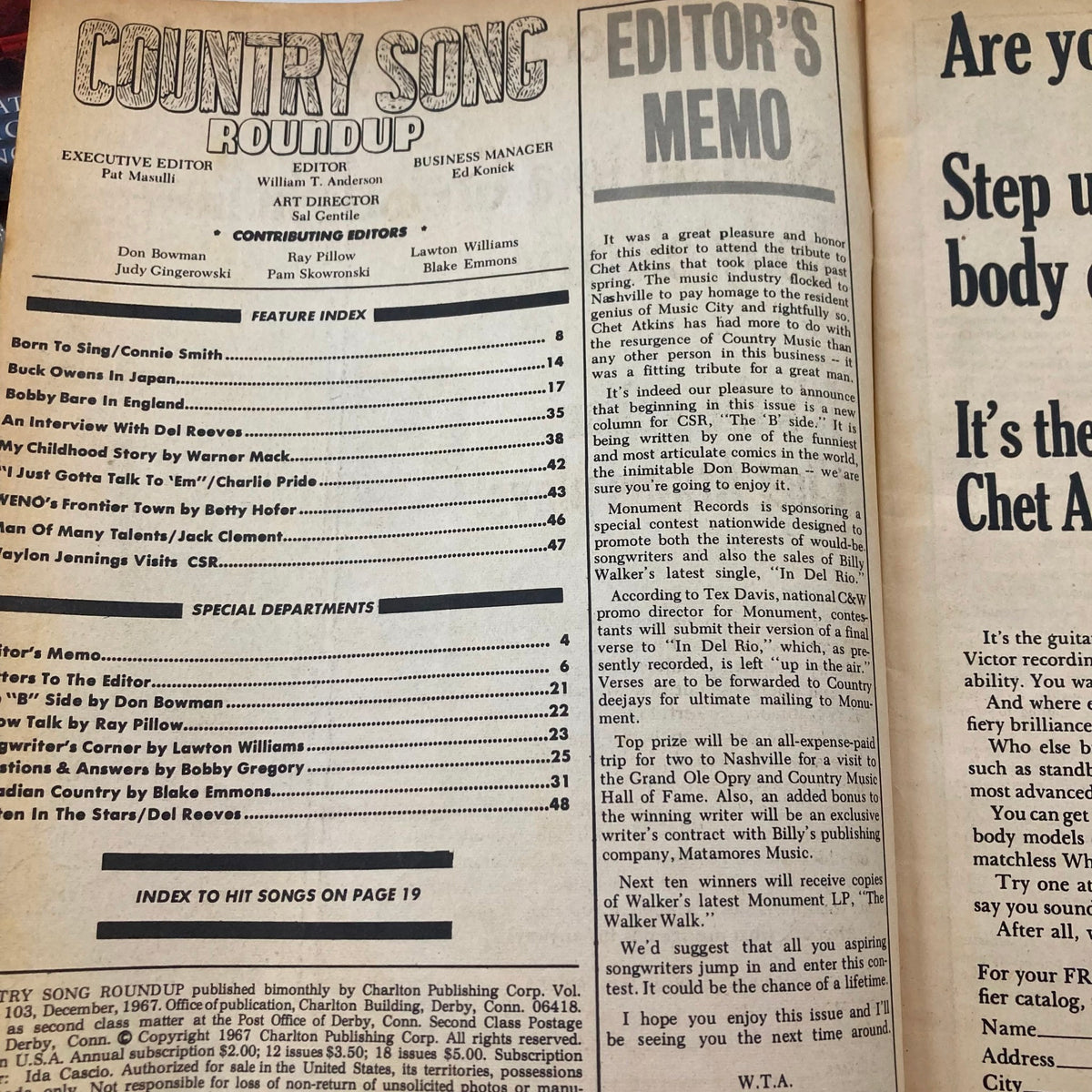 Interior page of VTG Country Song Roundup Magazine December 1967 showing the editor's memo and feature index related to country music.