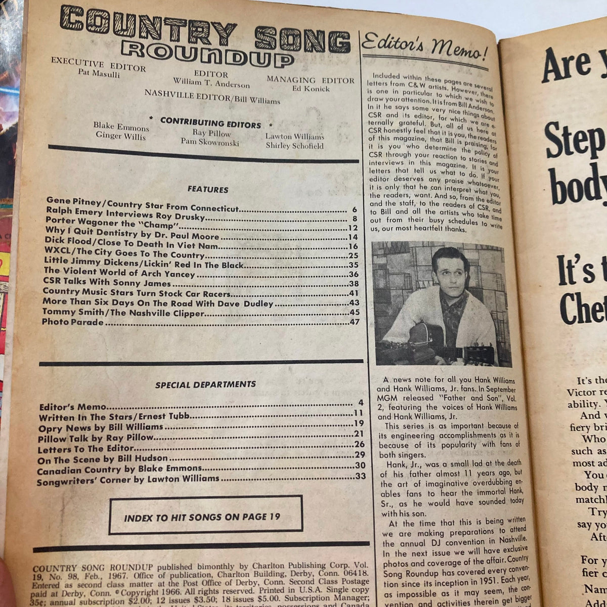 Inside page of VTG Country Song Roundup Magazine from February 1967, displaying the table of contents and editor's memo, featuring articles and interviews related to notable country music artists.