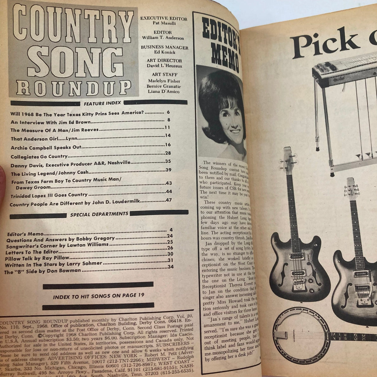Inside page of VTG Country Song Roundup Magazine September 1968, displaying the feature index and editor's memo, reflecting the vintage charm of country music publications.
