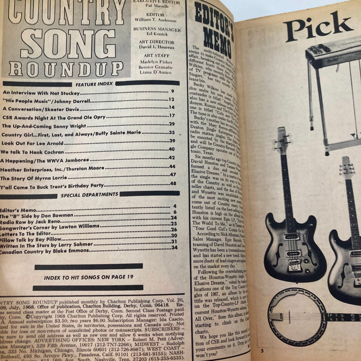 Interior page of VTG Country Song Roundup Magazine July 1968 showcasing feature index, editor's memo, and musical instruments, relevant to Skeeter Davis.