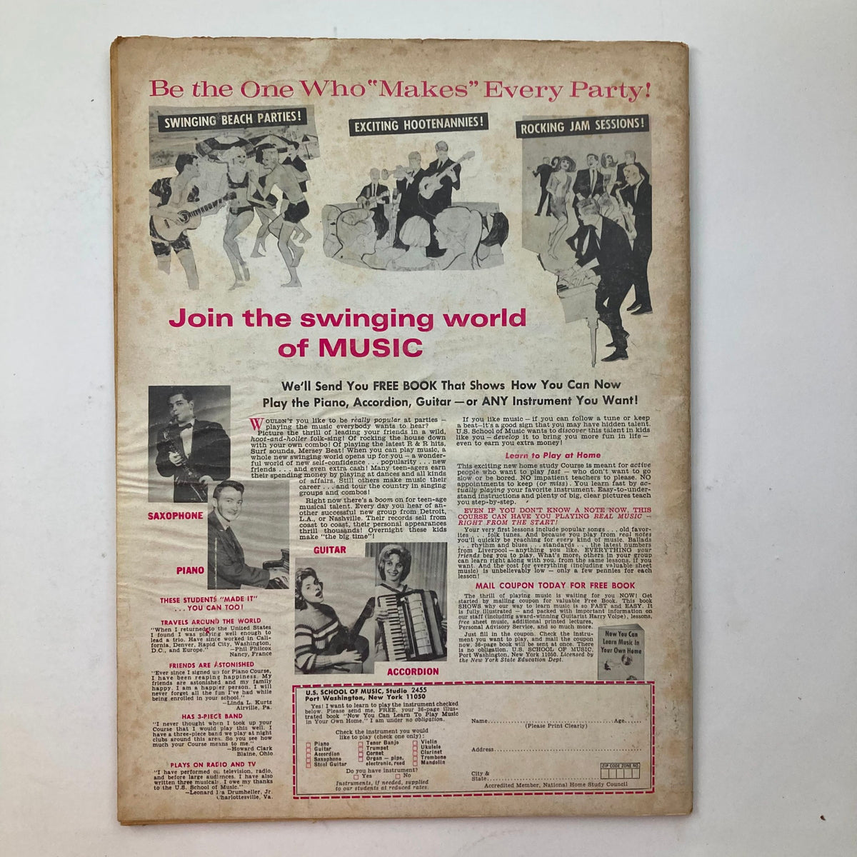 Back cover of VTG Country Song Roundup Magazine from May 1968, promoting music learning resources with images of musicians.