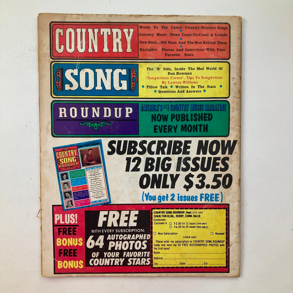 Cover of the VTG Country Song Roundup Magazine from April 1968 featuring The Stonemans and Hank Snow, showcasing magazine details and subscription offer.
