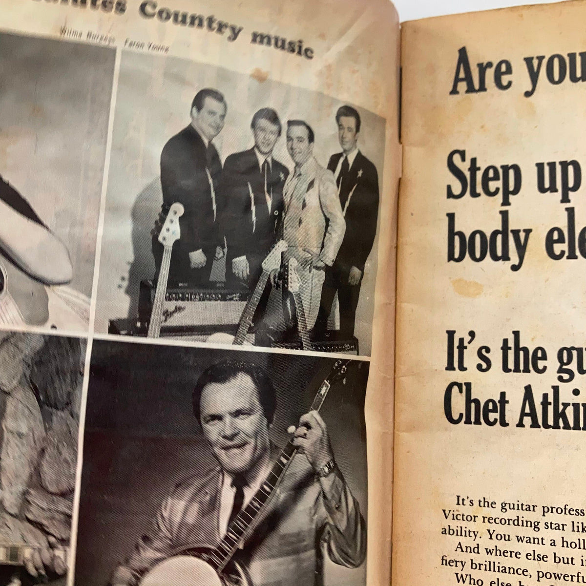 Inside page of VTG Country Song Roundup Magazine March 1968 featuring a photo of country musicians and an article about Chet Atkins.