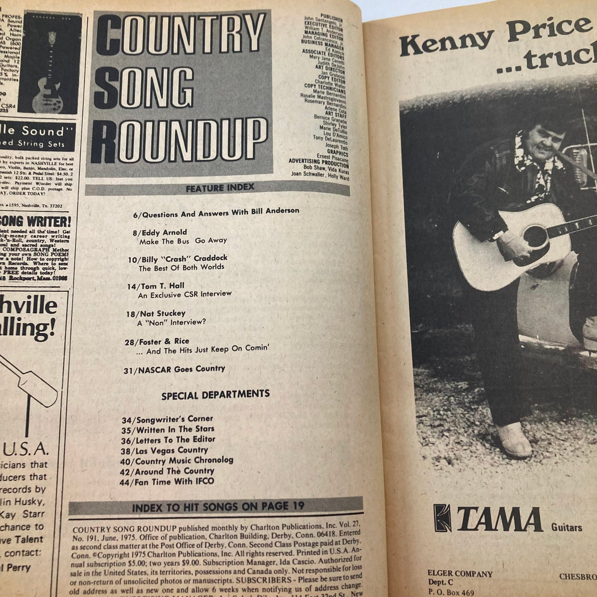 Inside feature index of VTG Country Song Roundup Magazine June 1975 listing articles and interviews including Tom T. Hall and Eddie Arnold.