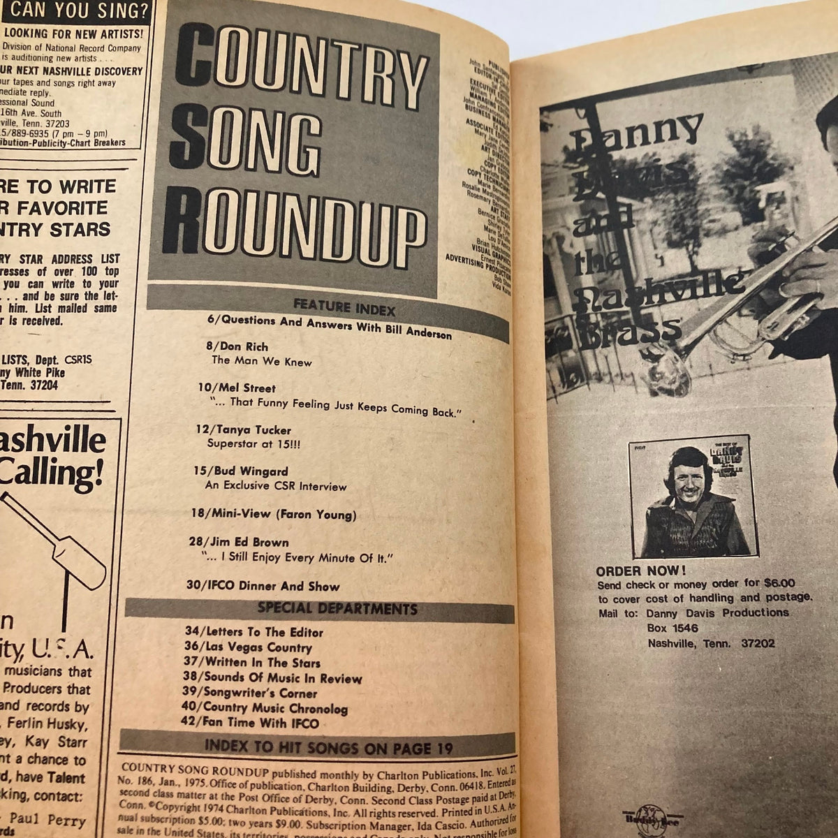 Interior page of the VTG Country Song Roundup Magazine January 1975 showcasing the feature index and articles about country music stars including Tanya Tucker and Faron Young.