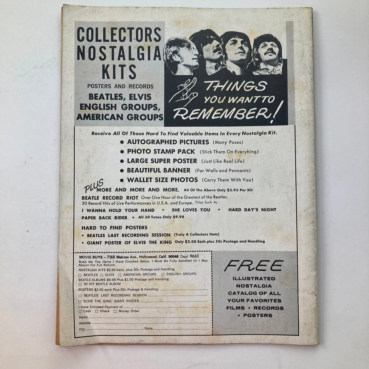 Back cover of the VTG Country Song Roundup Magazine January 1975 displaying advertisements for collectors nostalgia kits, posters, and memorabilia.