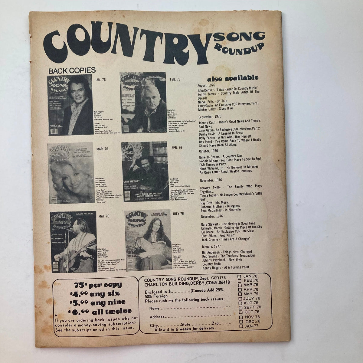 Back cover of the VTG Country Song Roundup Magazine January 1978 featuring a layout of past issues with notable country music stars.