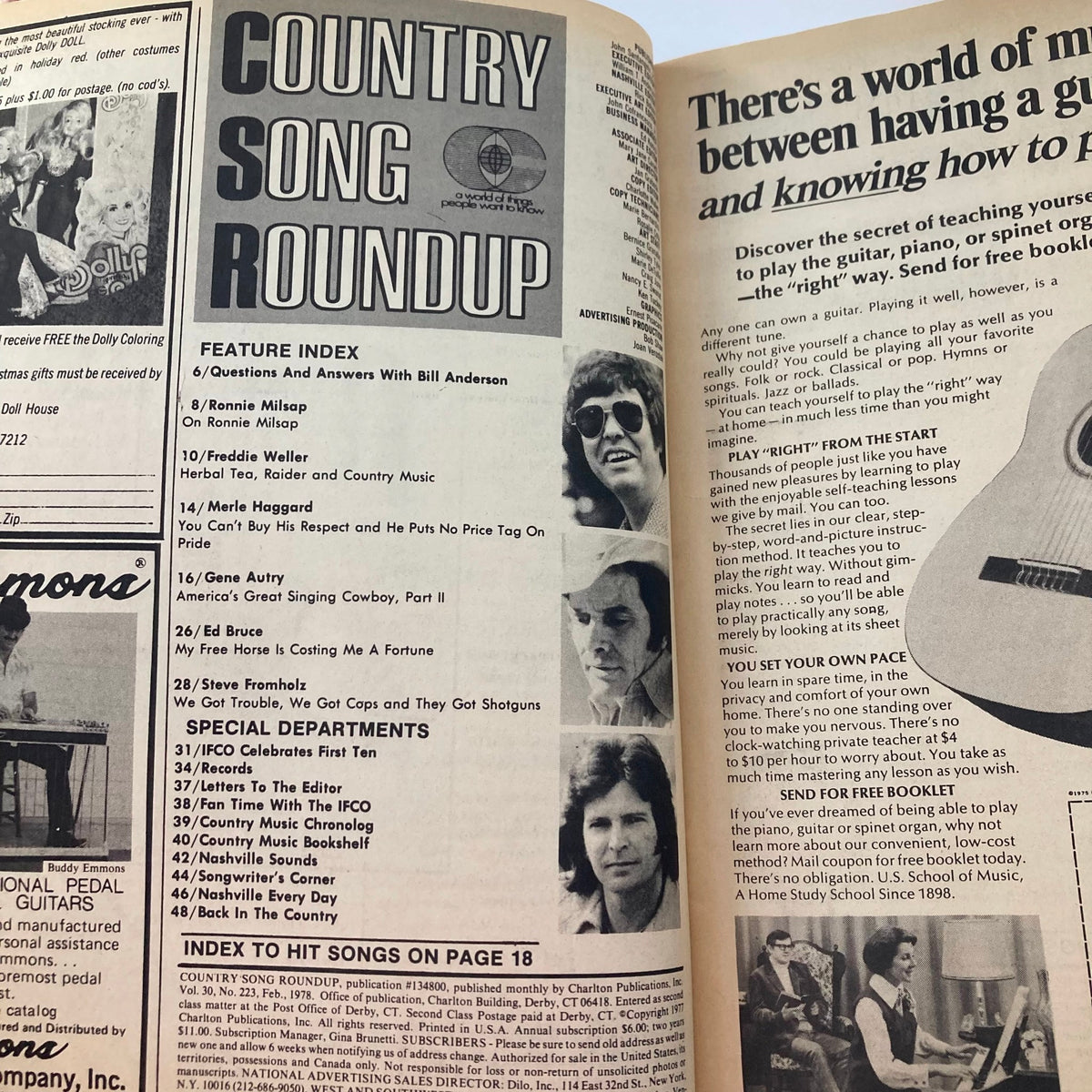 Interior page of VTG Country Song Roundup Magazine from February 1978, featuring a feature index that highlights artists like Merle Haggard and Ronnie Milsap, along with articles about the country music scene.