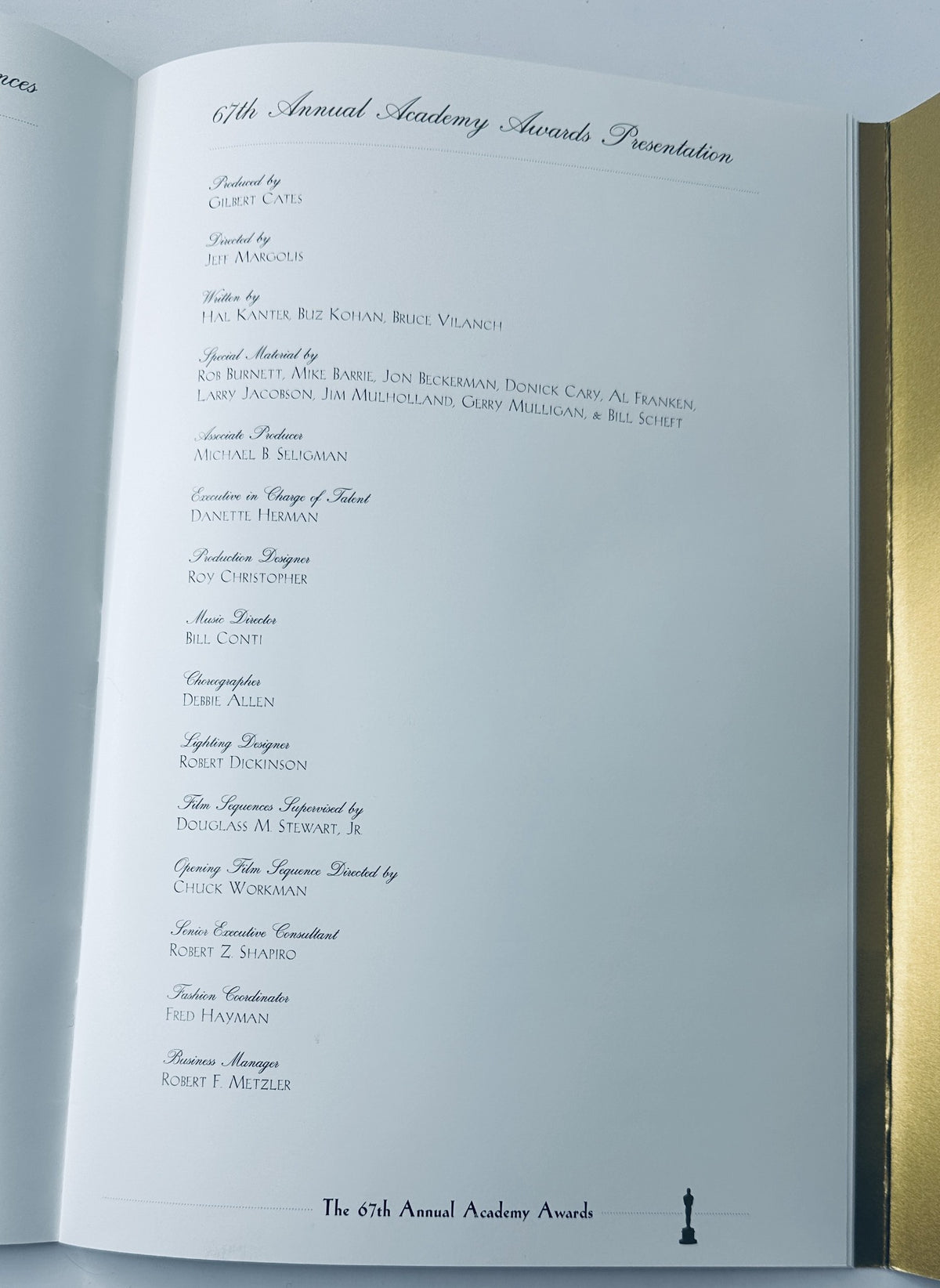 Credits page from the 67th Annual Academy Awards Magazine Program, listing key contributors including producers, choreographers, and musical directors.