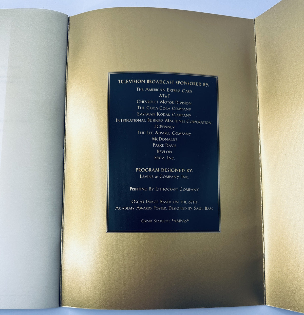Sponsor and design credits page from the 67th Annual Academy Awards Magazine Program, highlighting sponsors and design information.